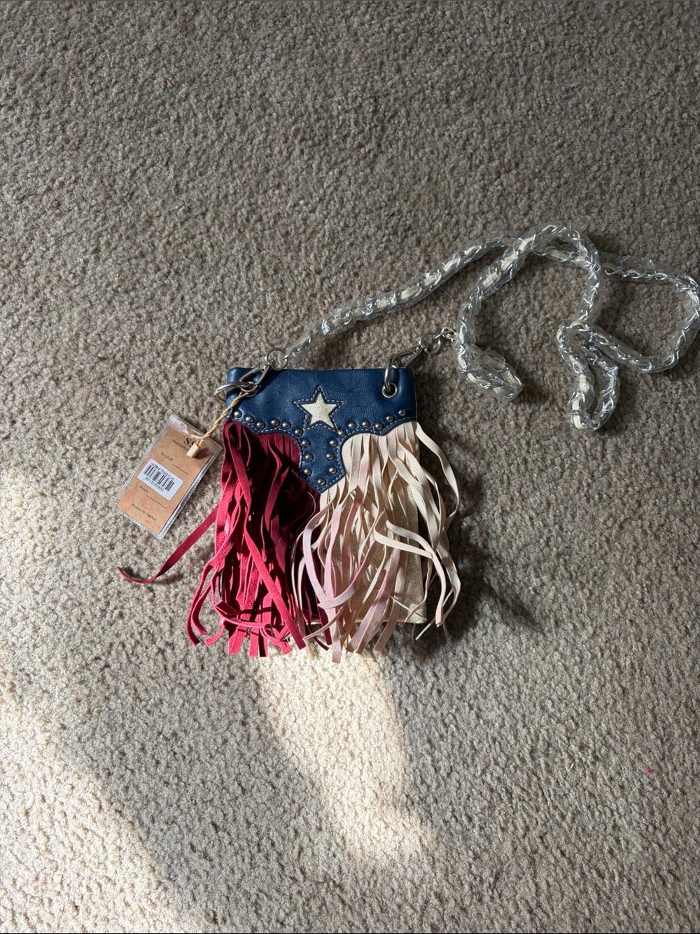 Fringed Star Crossbody Bag - Blue with Pink & Cream Fringe
